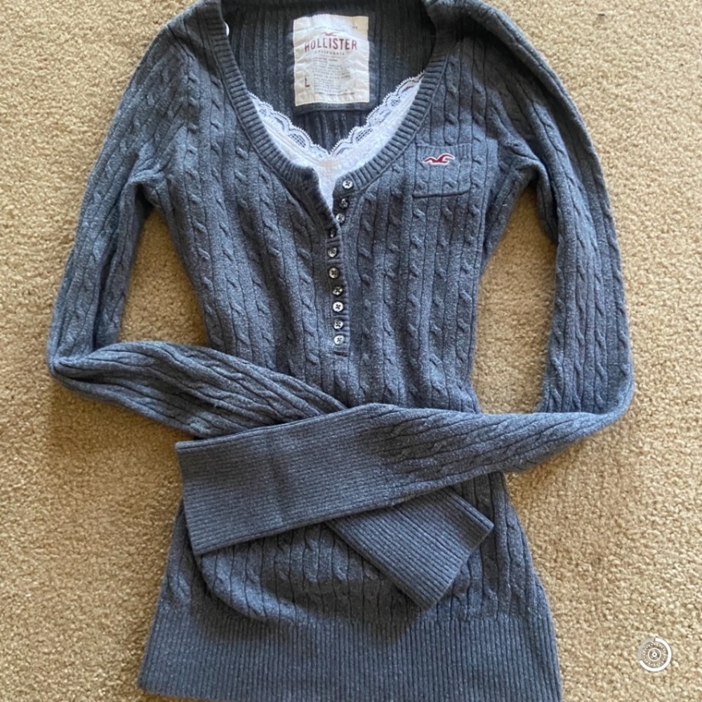 Y2K CottageCore Hollister Cable Knit Henley Sweater Grey
